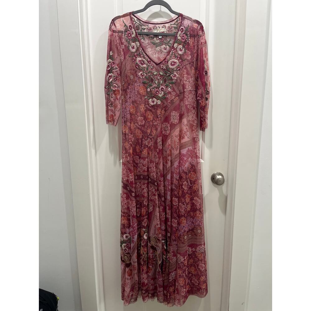Johnny Was Cardinal Mesh Long Sleeve Embroidered Dress Sz M - Picture 2 of 13
